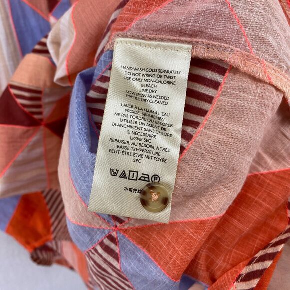MAEVE ANTHROPOLOGIE Top L Patchwork Shirt Button Front Roll Tab Sleeve Pink Blue - Picture 14 of 16